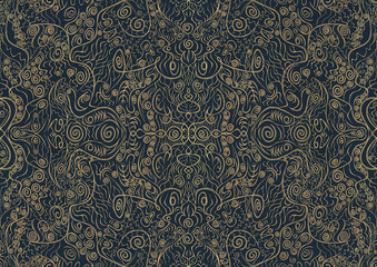 Hand-drawn unique abstract symmetrical seamless gold ornament on a deep blue background. Paper texture. Digital artwork, A4. (pattern: p06a)