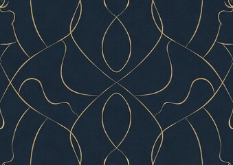 Hand-drawn unique abstract symmetrical seamless gold ornament on a deep blue background. Paper texture. Digital artwork, A4. (pattern: p08-1a)