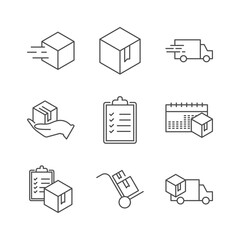  Set of Shipping Related Vector Line Icons. Contains such Icons as Courier, Package Protection,