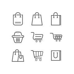 a set of bag and basket and shopping trolley icons on a white background