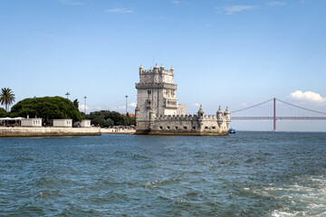 View from a tour boat over the Monument of the discoveries in Lisbon