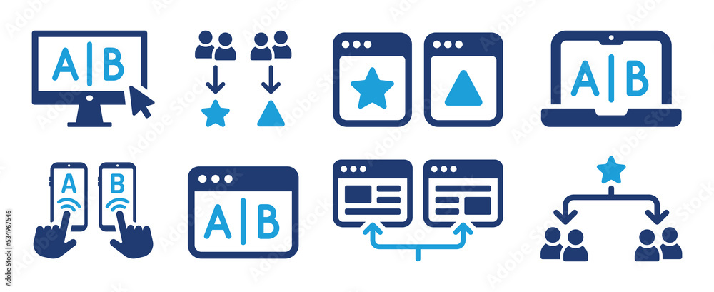 Poster AB testing icon set. A or B split testing concept. Comparing test result between 2 page of the website. Conversion concept.