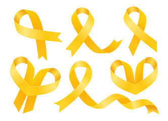 Endometriosis awareness month. Big set of yellow ribbons. Vector flat illustration.