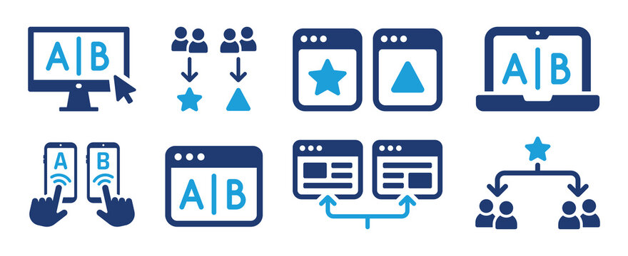 AB testing icon set. A or B split testing concept. Comparing test result between 2 page of the website. Conversion concept.