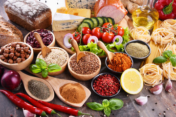 Composition with assorted organic food products on the table