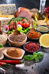 Composition with assorted organic food products on the table