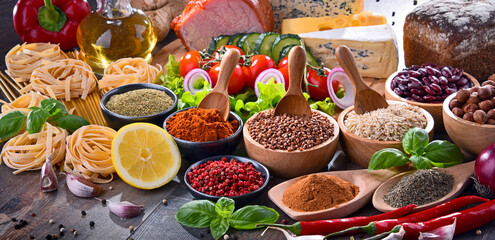 Composition with assorted organic food products on the table