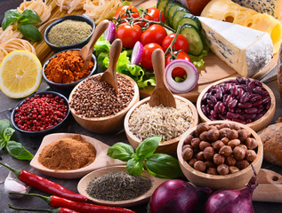 Composition with assorted organic food products on the table