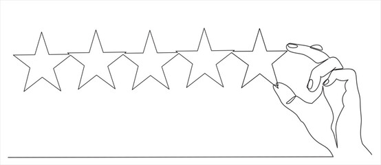 woman holding star in hand, puts rating, reviews. Vector continuous line.