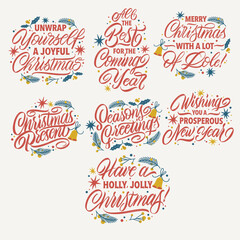 New Year and Christmas phrases. Vector set of lettering for Christmas. Design poster, greeting card, party invitation. Vector illustration.
