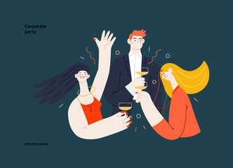 Lifestyle series - Corporate party - modern flat vector illustration of business people entertaining in the office at corporate, drinking champagne. People activities concept - obrazy, fototapety, plakaty