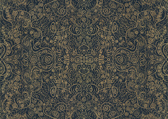 Hand-drawn unique abstract symmetrical seamless gold ornament with golden glittery splatter on a deep blue background. Paper texture. Digital artwork, A4. (pattern: p06a)