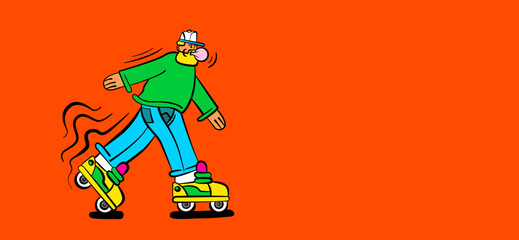 Bearded man rollerblading on orange background. Vector illustration