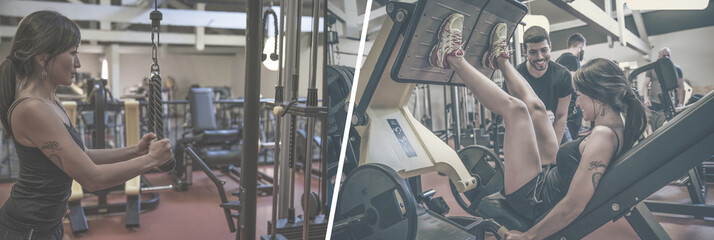 woman with her coach does muscle building in a gym - Banner composition