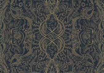 Hand-drawn unique abstract symmetrical seamless gold ornament with golden glittery splatter on a deep blue background. Paper texture. Digital artwork, A4. (pattern: p09a)