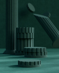Green concrete podium stage stand on midcentury pillar architecture background 3d render   