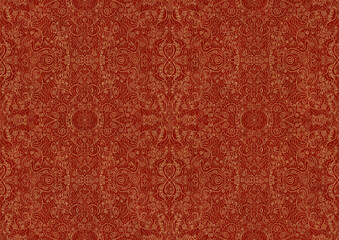 Hand-drawn unique abstract symmetrical seamless gold ornament on a bright red background. Paper texture. Digital artwork, A4. (pattern: p06b)