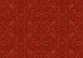 Hand-drawn unique abstract symmetrical seamless gold ornament on a bright red background. Paper texture. Digital artwork, A4. (pattern: p07-1b)