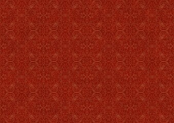 Hand-drawn unique abstract symmetrical seamless gold ornament on a bright red background. Paper texture. Digital artwork, A4. (pattern: p07-1c)