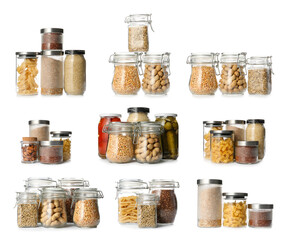 Group of glass jars with different raw products on white background