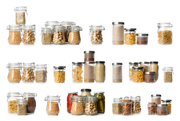 Collection of glass jars with different raw products on white background