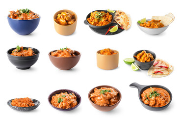 Set of tasty chicken tikka masala on white background