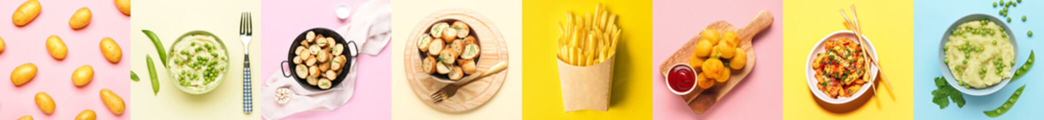 Collage with raw potatoes and different tasty dishes on color background