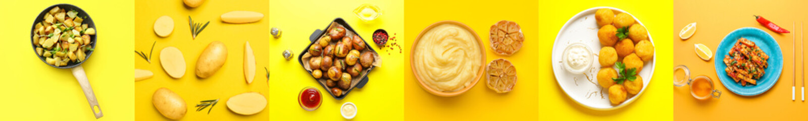 Collage with raw potatoes and different cooked dishes on yellow background