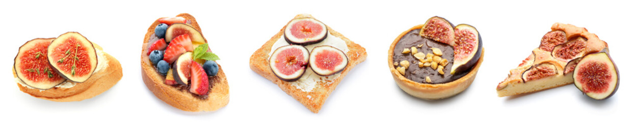 Fototapeta na wymiar Collection of different food with tasty figs on white background