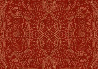 Hand-drawn unique abstract symmetrical seamless gold ornament on a bright red background. Paper texture. Digital artwork, A4. (pattern: p09a)