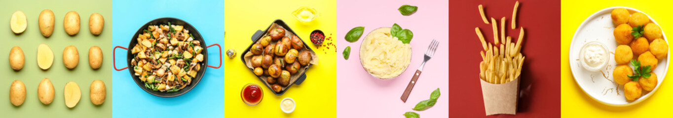 Collage with raw potatoes and different cooked dishes on color background