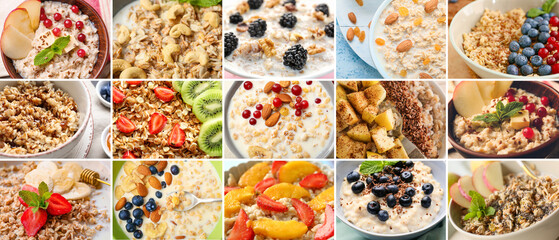 Collage of sweet oatmeal with fruits and berries