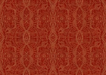 Hand-drawn unique abstract symmetrical seamless gold ornament on a bright red background. Paper texture. Digital artwork, A4. (pattern: p09b)