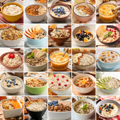 Collage of sweet oatmeal with fruits and berries