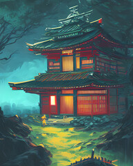 japanese temple in the night digital art illustration
