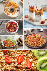 Collage of sweet oatmeal with fruits and berries