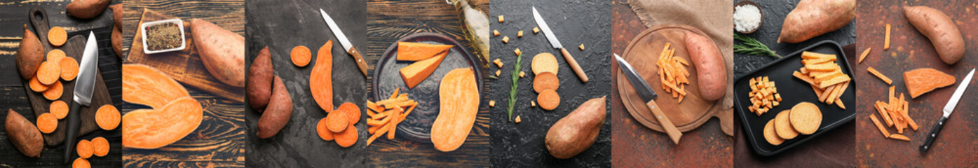 Collage of healthy sweet potatoes on dark background