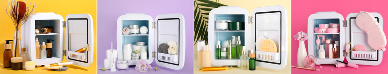 Collection of small refrigerators with cosmetic products on color background