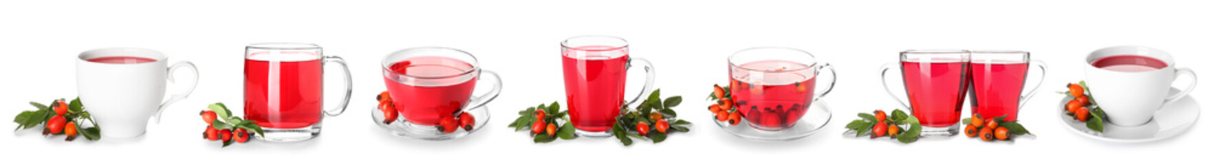 Collage of healthy rose hip tea on white background
