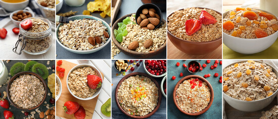 Collage of raw oatmeal with fruits and berries