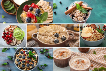 Collage of sweet oatmeal with fruits and berries