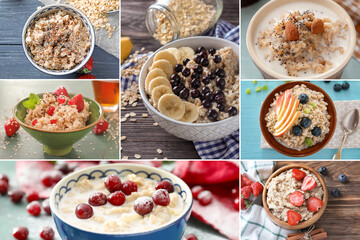Collage of sweet oatmeal with fruits and berries