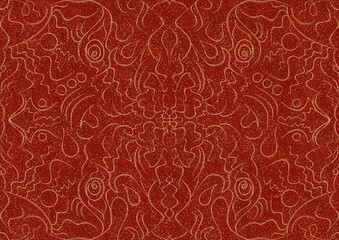 Hand-drawn unique abstract symmetrical seamless gold ornament with splatters of golden glitter on a bright red background. Paper texture. Digital artwork, A4. (pattern: p07-1a)