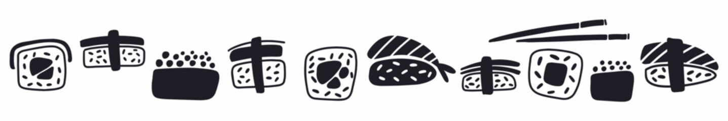 Vector, horizontal collection of sushi hand-drawn in the style of a doodle. Oriental cuisine.