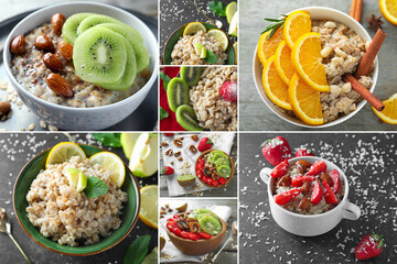 Collage of sweet oatmeal with fruits and berries