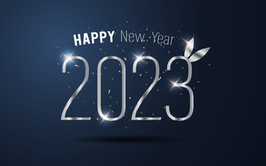Happy New Year 2023. metal number and ribbon on blue gradient background.
