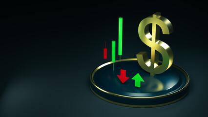 Dollar symbol and a stylized candlestick chart on a green background. The concept of financial market, forex, investment. 3D rendering