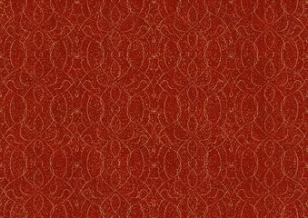 Hand-drawn unique abstract symmetrical seamless gold ornament with splatters of golden glitter on a bright red background. Paper texture. Digital artwork, A4. (pattern: p08-1c)