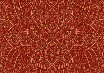 Hand-drawn unique abstract symmetrical seamless gold ornament with splatters of golden glitter on a bright red background. Paper texture. Digital artwork, A4. (pattern: p08-2a)