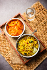 Aloo Poha with Jalebi, snack combination also called imarti and kande pohe